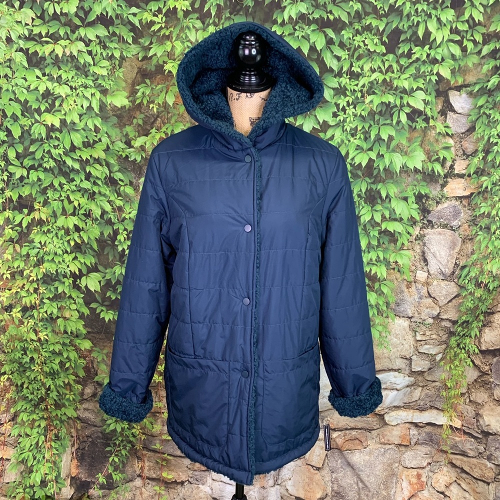 NWT HALOGEN Blue Hooded Sherpa Style Reversible Coat, S - Picture 7 of 16